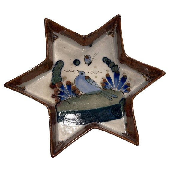 Ken Edwards Vintage Tonala Hexagram Folk Art Craft Pottery Bird Floral Plate - Picture 6 of 6